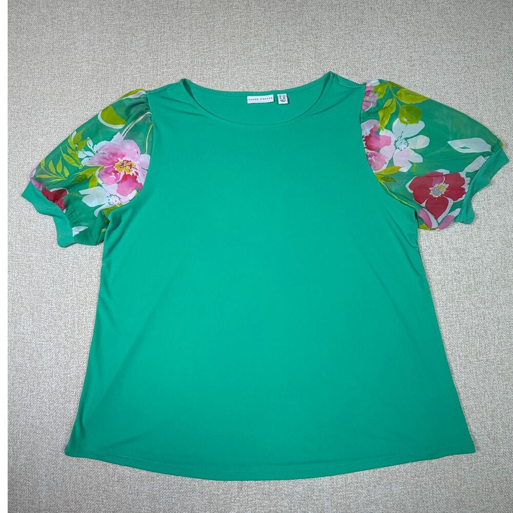 Susan Graver Women 1X Green Liquid Knit Summer Lightweight Vacation Top Shirt